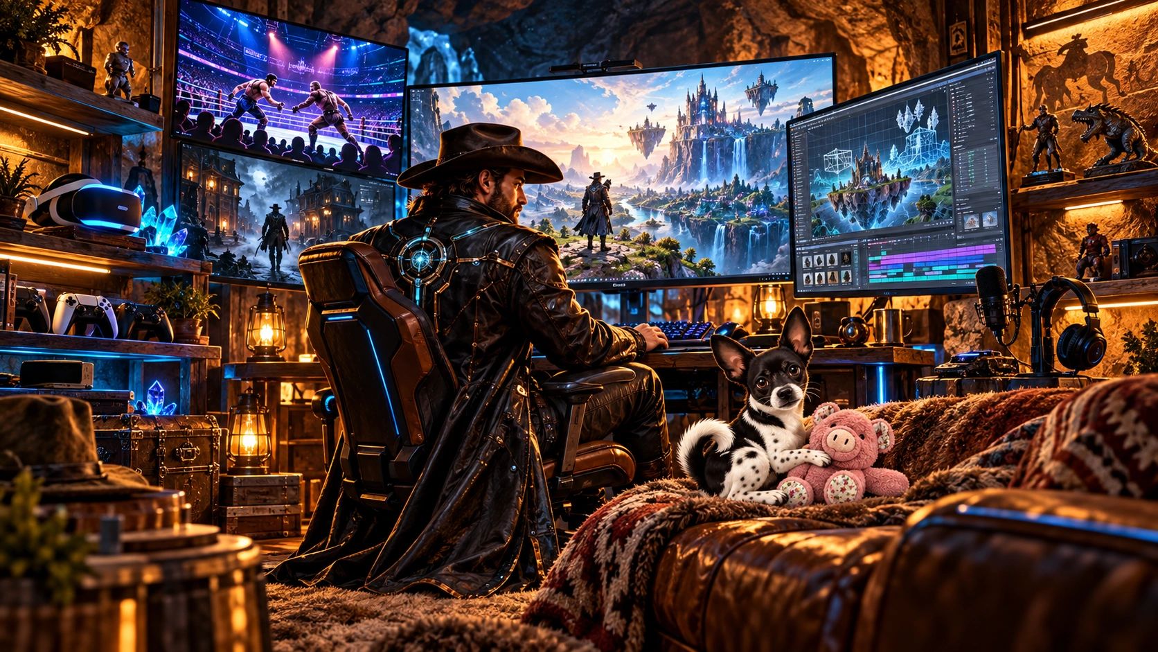 Crypto Cowboy games in a secret cave room while Buddy rests with his pink plush pig.