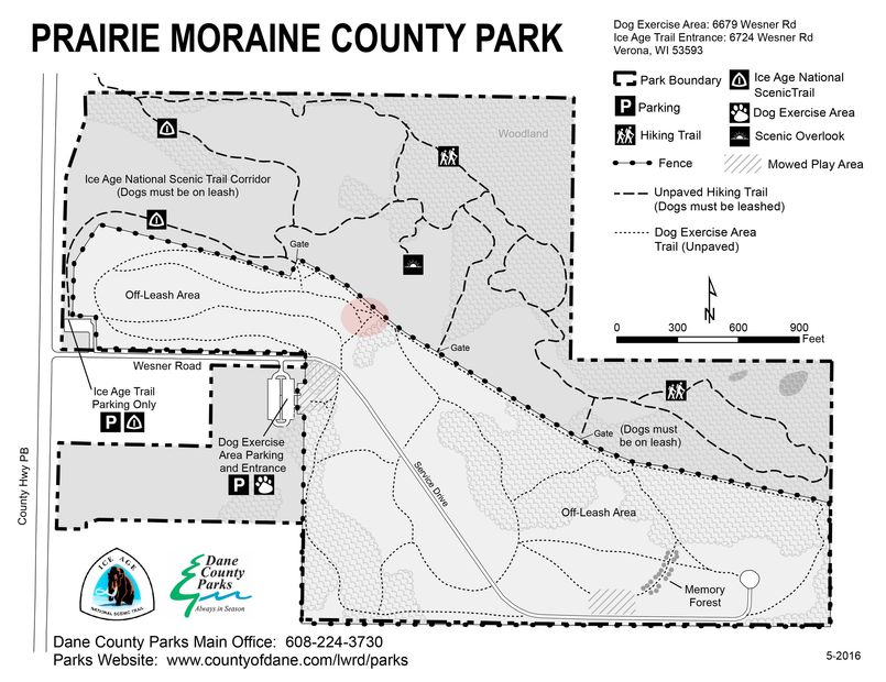Map of park showing location of pollinator garden highlighted in red.