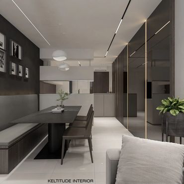 Modern dining area with minimalist design and neutral tones.