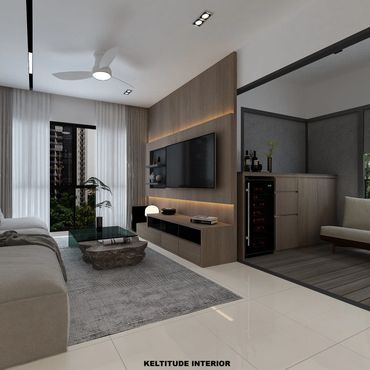 Modern living room with neutral tones, a glass coffee table, and integrated media unit.