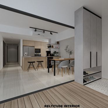 Modern open kitchen and dining area with sleek furniture and neutral tones.