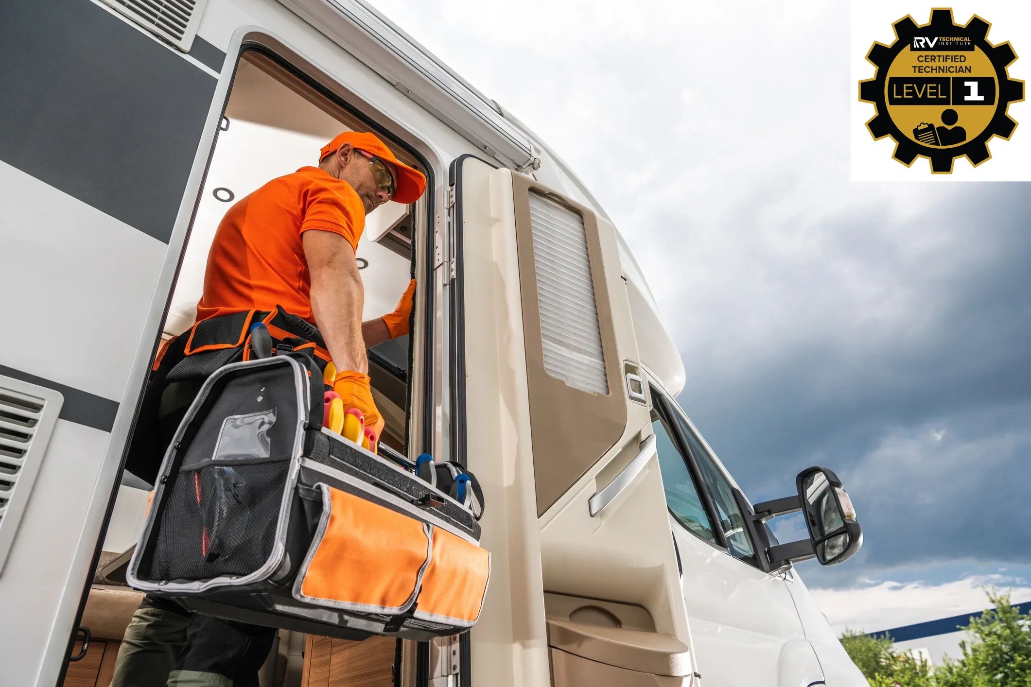 Technician entering an RV with a tool bag, ready for repairs.