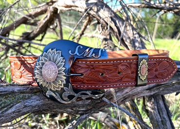Custom floral leather belt with matching custom sunflower buckle