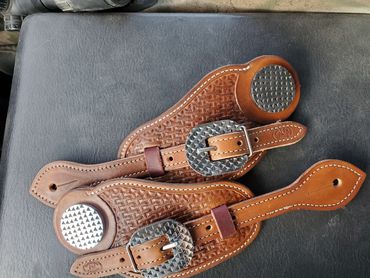 Custom tooled spur straps with custom buckles