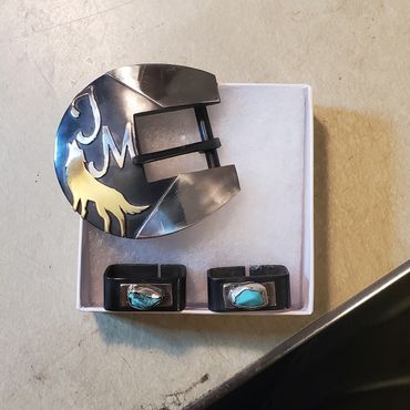 Custom ranger buckle with silver & gold overlay, and turquoise stones