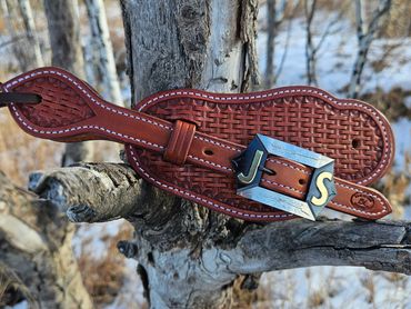 Custom tooled spur straps with custom buckles
