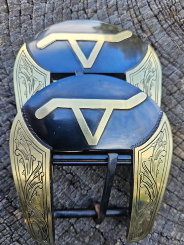 Custom buckle set with engraved brass overlay