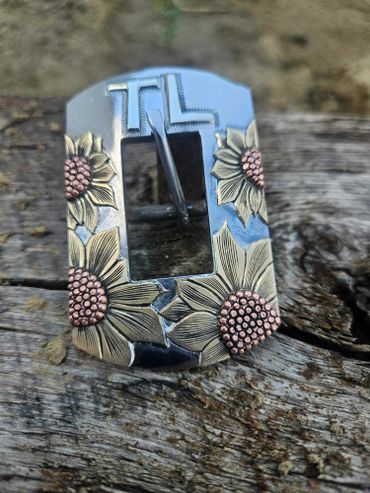 Custom buckle with brass & copper sunflowers