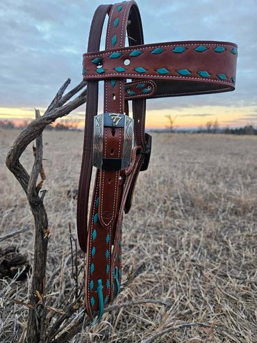 Custom bridle with turquoise buck stitch & custom buckles