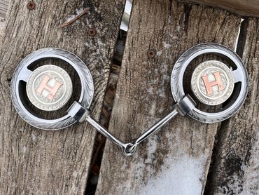 Custom O ring bit with silver concho and copper overlay initial