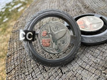 Custom O ring bit with silver engraved hummingbird and copper flowers