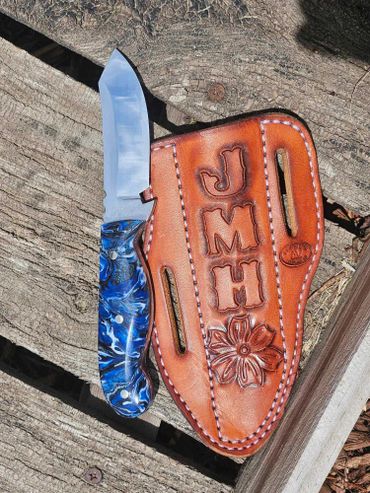 Custom blue handled knife with needle notch & sheath set