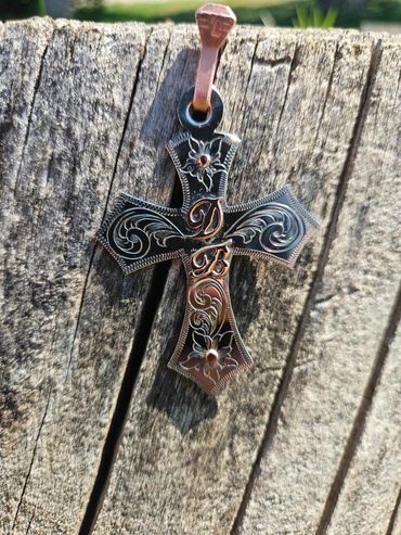 Custom engraved silver cross pendant with copper overlay