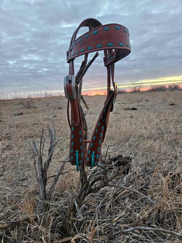Custom bridle with turquoise buck stitch & custom buckles