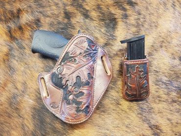 Custom outside the waistband leather holster with matching magazine carrier
