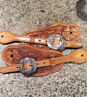 Custom tooled spur straps with custom buckles