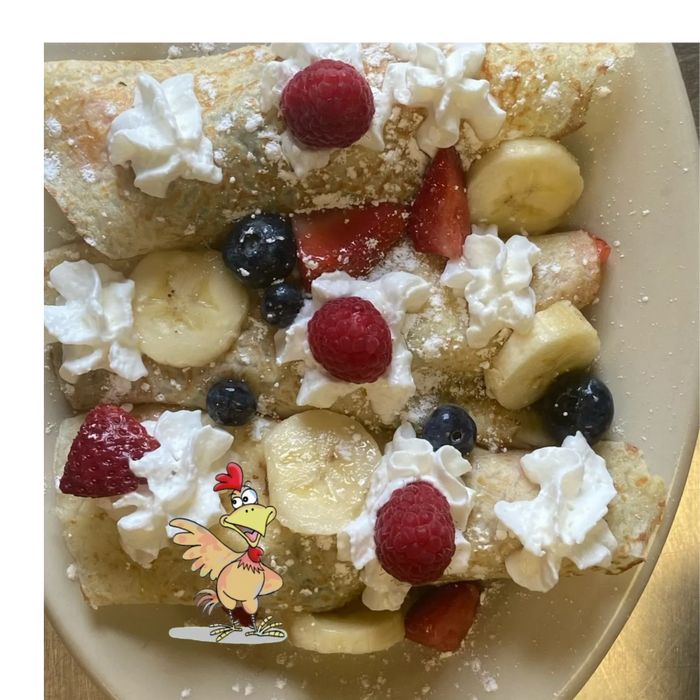 Mixed Berry & Banana Crepes
(Strawberries, Blueberries, Raspberries and Bananas)