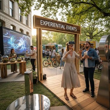 Woman enjoying virtual reality experience at an outdoor experiential event.