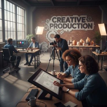 Creative team collaborating in a modern studio with digital drawing and photography.