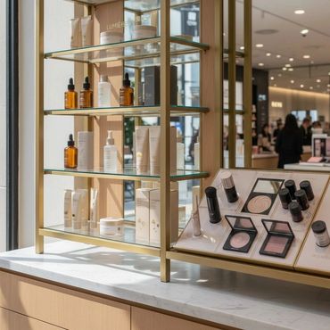 Elegant display of skincare and makeup products in a modern store setting.