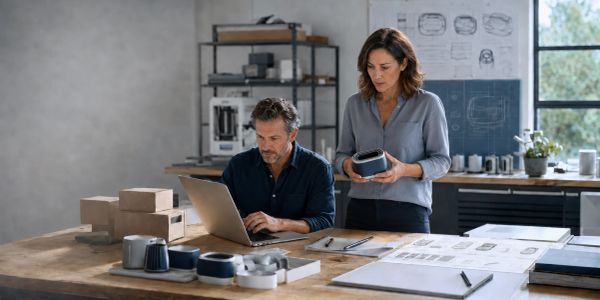 Two designers working on product development in a workshop.