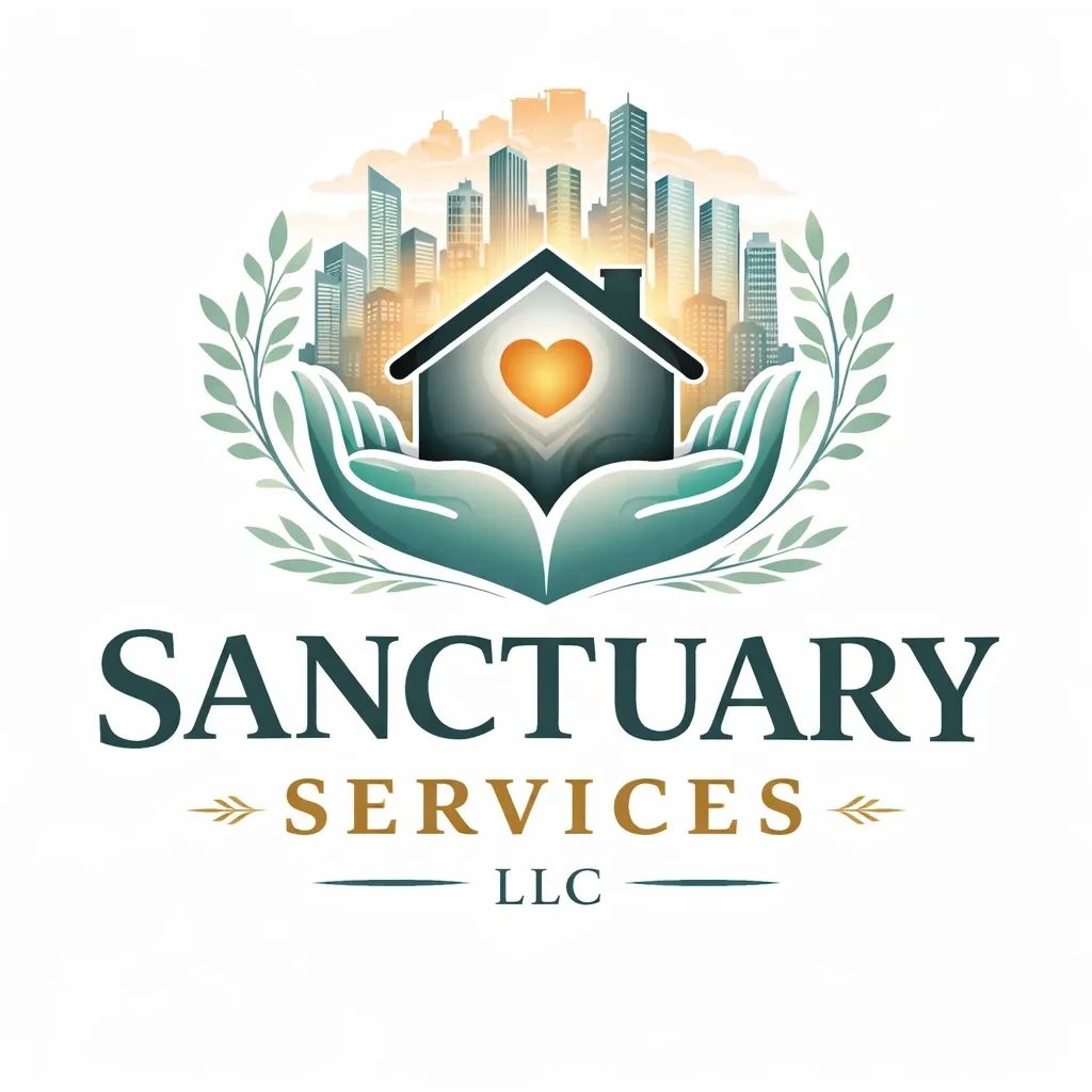 Logo of Sanctuary Services LLC with a house, heart, and cityscape.