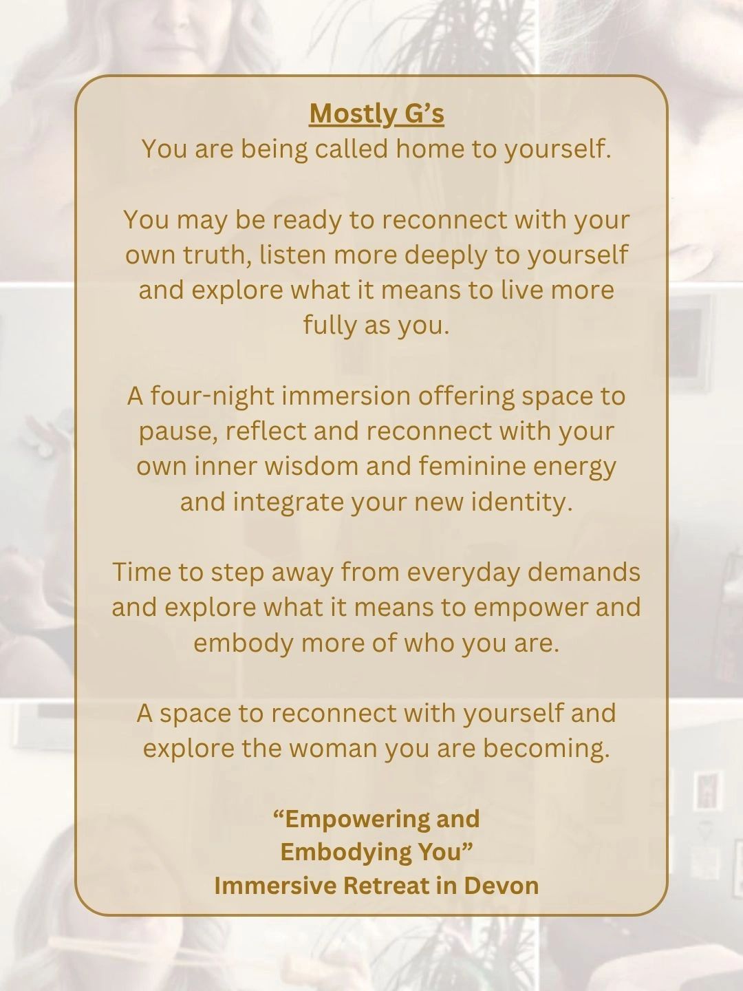 A four-night women's retreat empowering self-connection and embodiment in Devon.