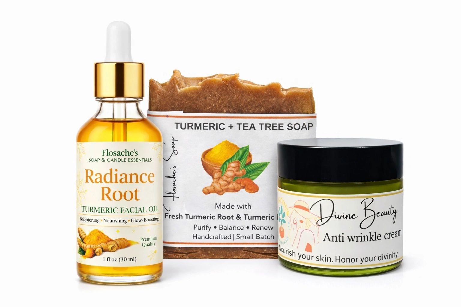 A radiant bundle featuring Turmeric soap, Radiance root oil, and nourishing face cream.