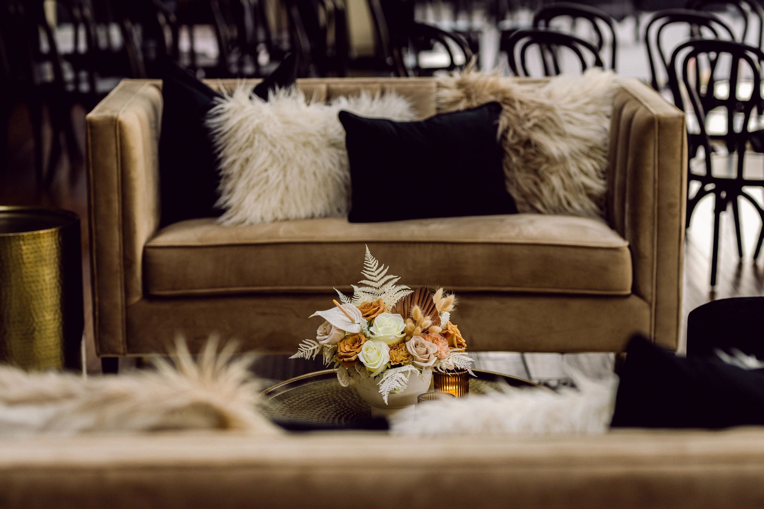 Wander Events and Rentals lounge set in the reception area.