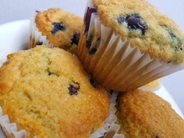 Close-up of freshly baked blueberry muffins in white liners.