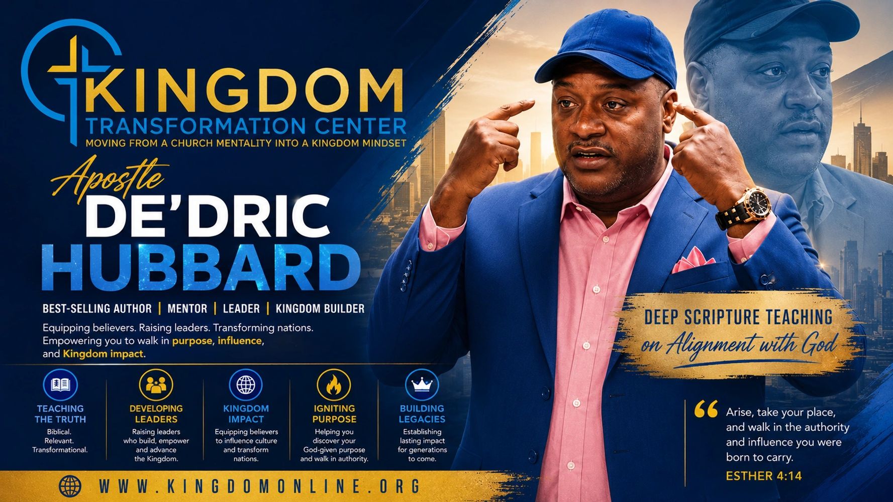 Apostle De'Dric Hubbard promoting Kingdom Transformation Center teachings.