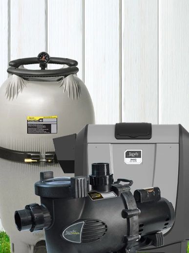 Pool equipment including pump, filter, and heater.