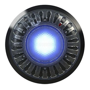 Glowing blue and black circular LED light.
