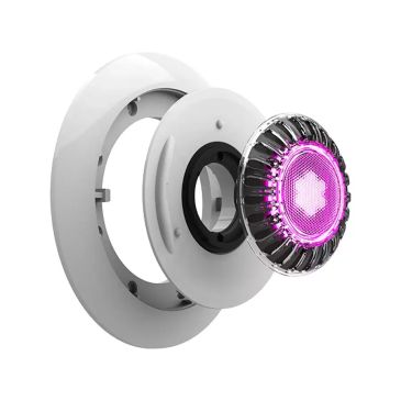 Disassembled round electronic gadget with pink light.
