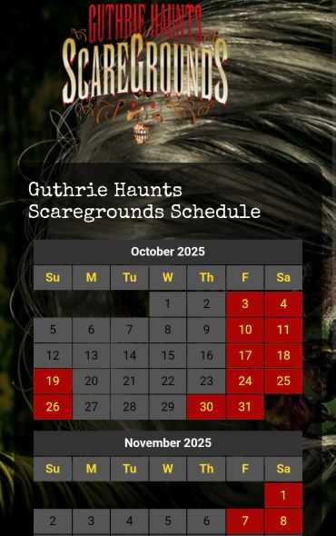 Guthrie Haunts Scaregrounds October-November 2025 schedule with highlighted event dates.