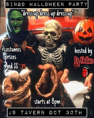 Halloween party flyer with costumes, prizes, and DJ Hellvis at J9 Tavern.