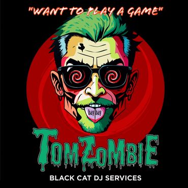 Colorful illustration of Tom Zombie with hypnotic glasses and text for DJ services.