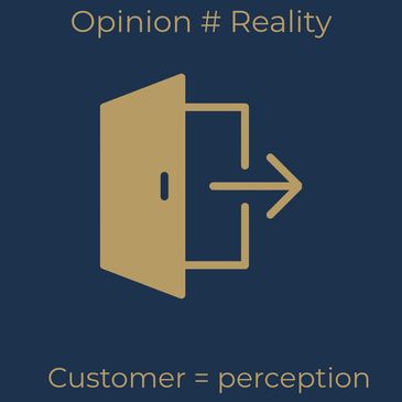Illustration contrasting opinion and reality with an exit door icon.