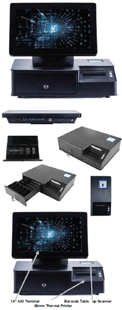 14" touch screen All in One terminal featuring cash drawer with built in thermal printer and scanner
