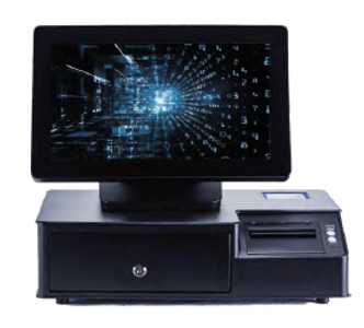 14" touch screen All in One terminal featuring a cash drawer with built in scanner and printer