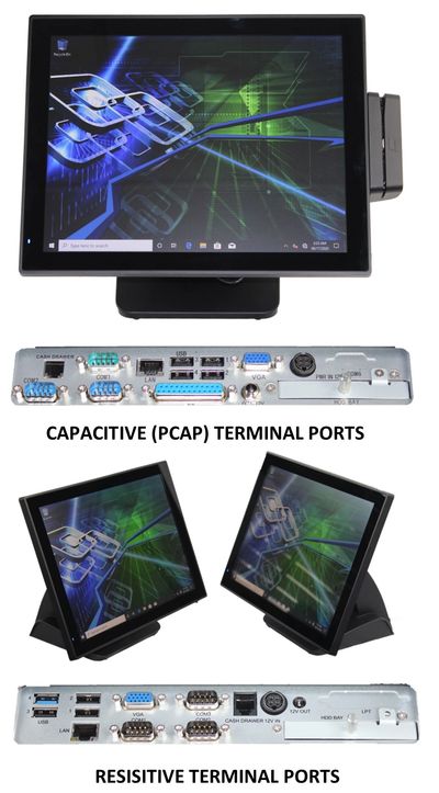 U37-J1900 15" touch screen All in One Point of Sale terminal showing ports both for 5-wire and PCAP