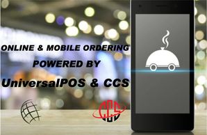 Phone with a food delivery logo promoting online and mobile ordering from Universal and CCS