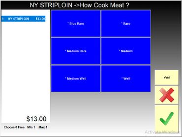 Options dictating how to cook your meet on a custom POS screen powered by Universal