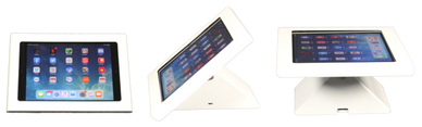 iPad enclosure with security and cable storage. Able to flip 180 degrees to face customer