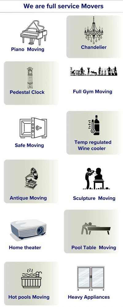 Full service movers offering specialized moving services for pianos, chandeliers, gym equipment, antiques, and more.