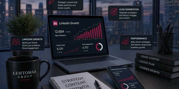 Workspace with LinkedIn growth analytics on laptop and phone.