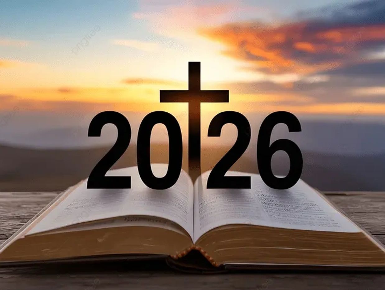Open Bible with '2026' and cross silhouette at sunset.