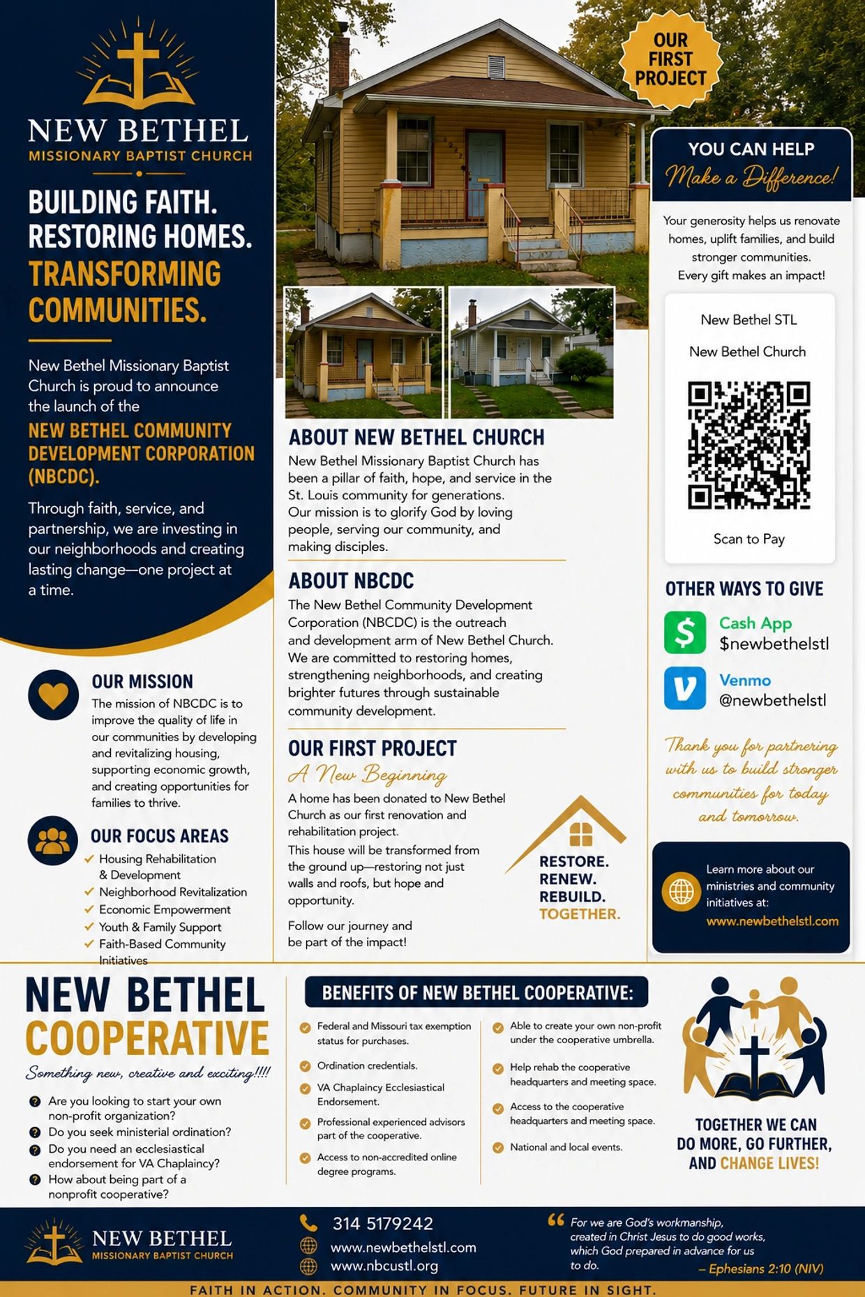 New Bethel Missionary Baptist Church community development and renovation project flyer.