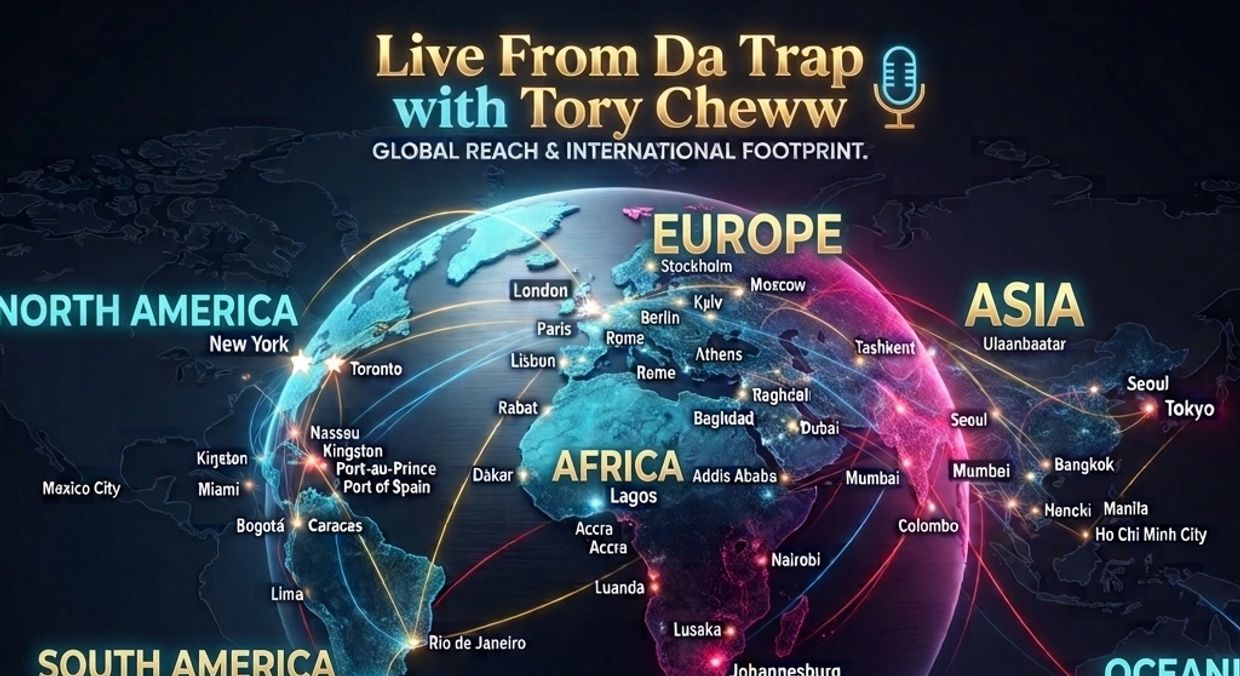 A colorful 3D global network map visualizing the international audience reach and listener footprint