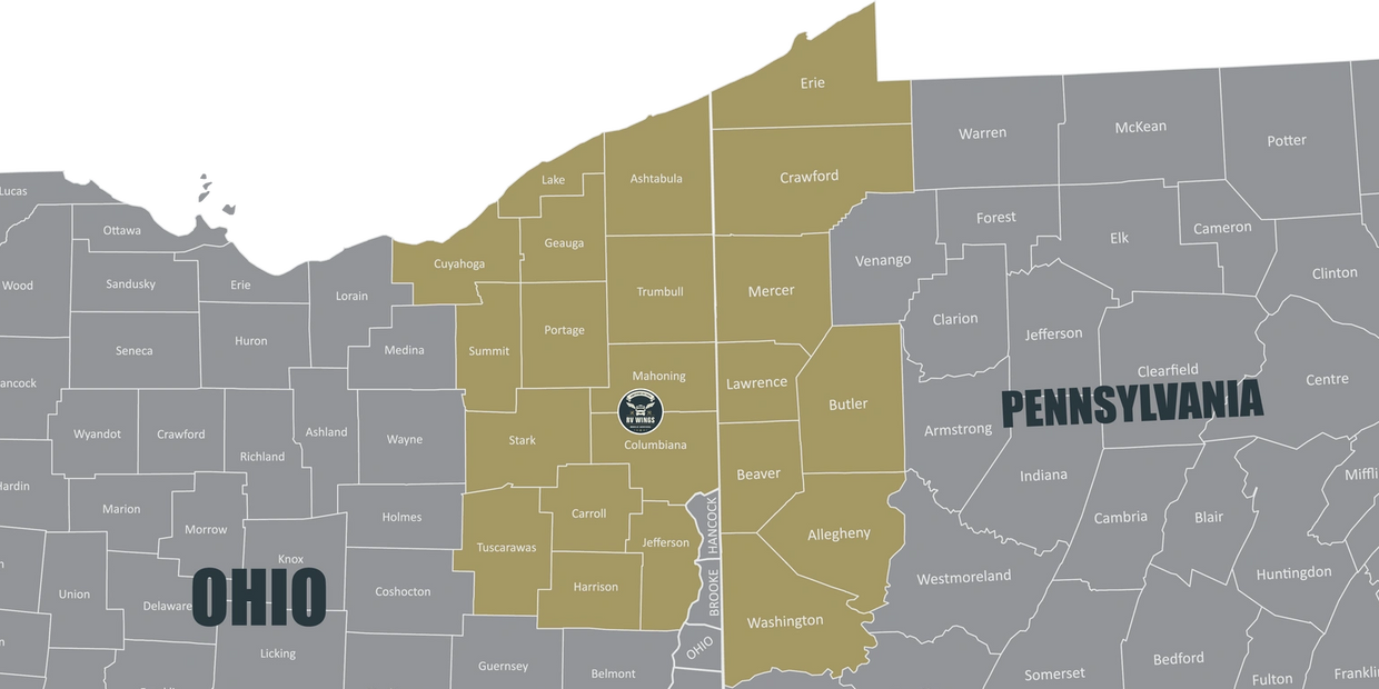 North East Ohio and Western Pennsylvania RV Mobile Service Technician Service Area Map | RV Tech